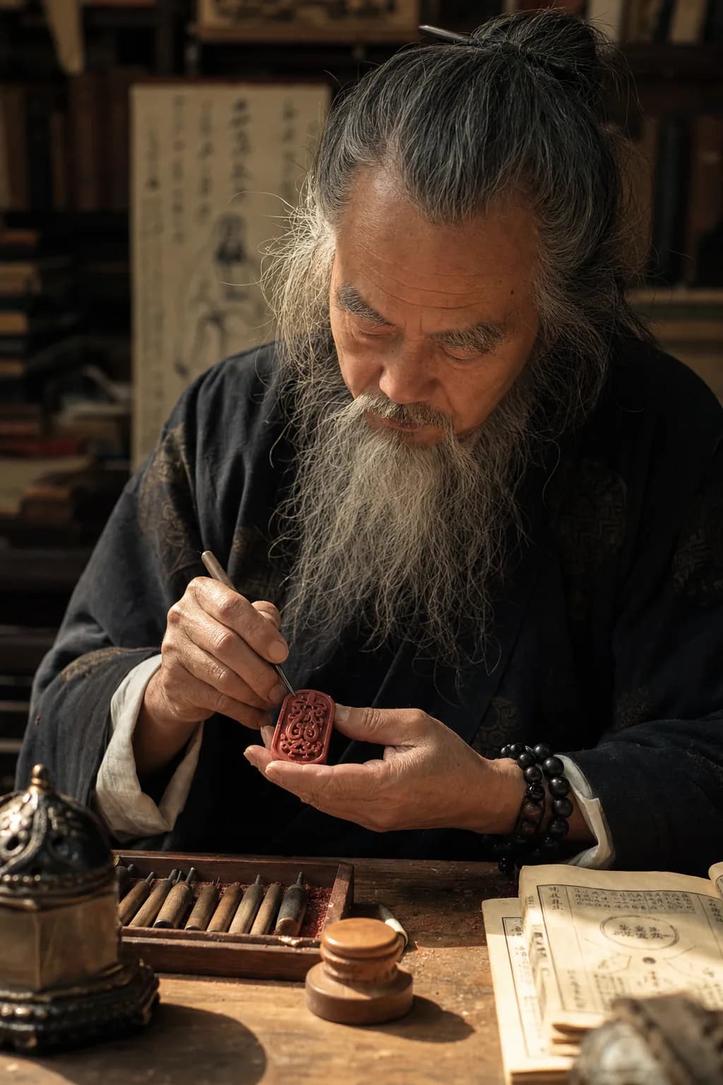 Maker working carefully on a cinnabar piece