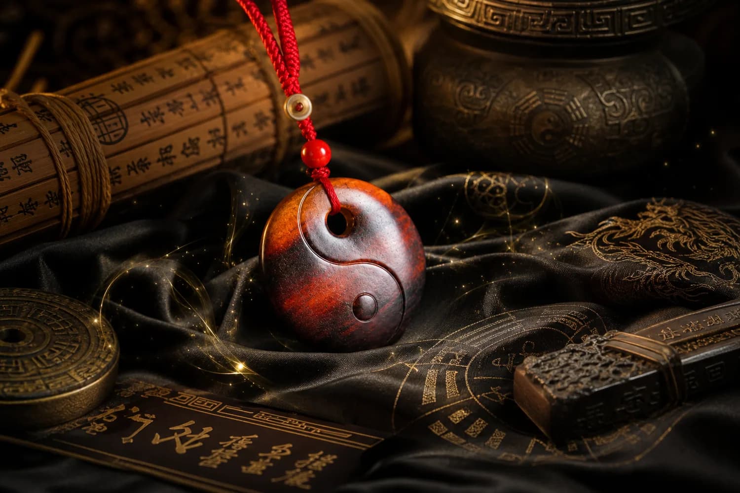 Lightning-Struck Wood Peace Buckle Pendant in a layered still life