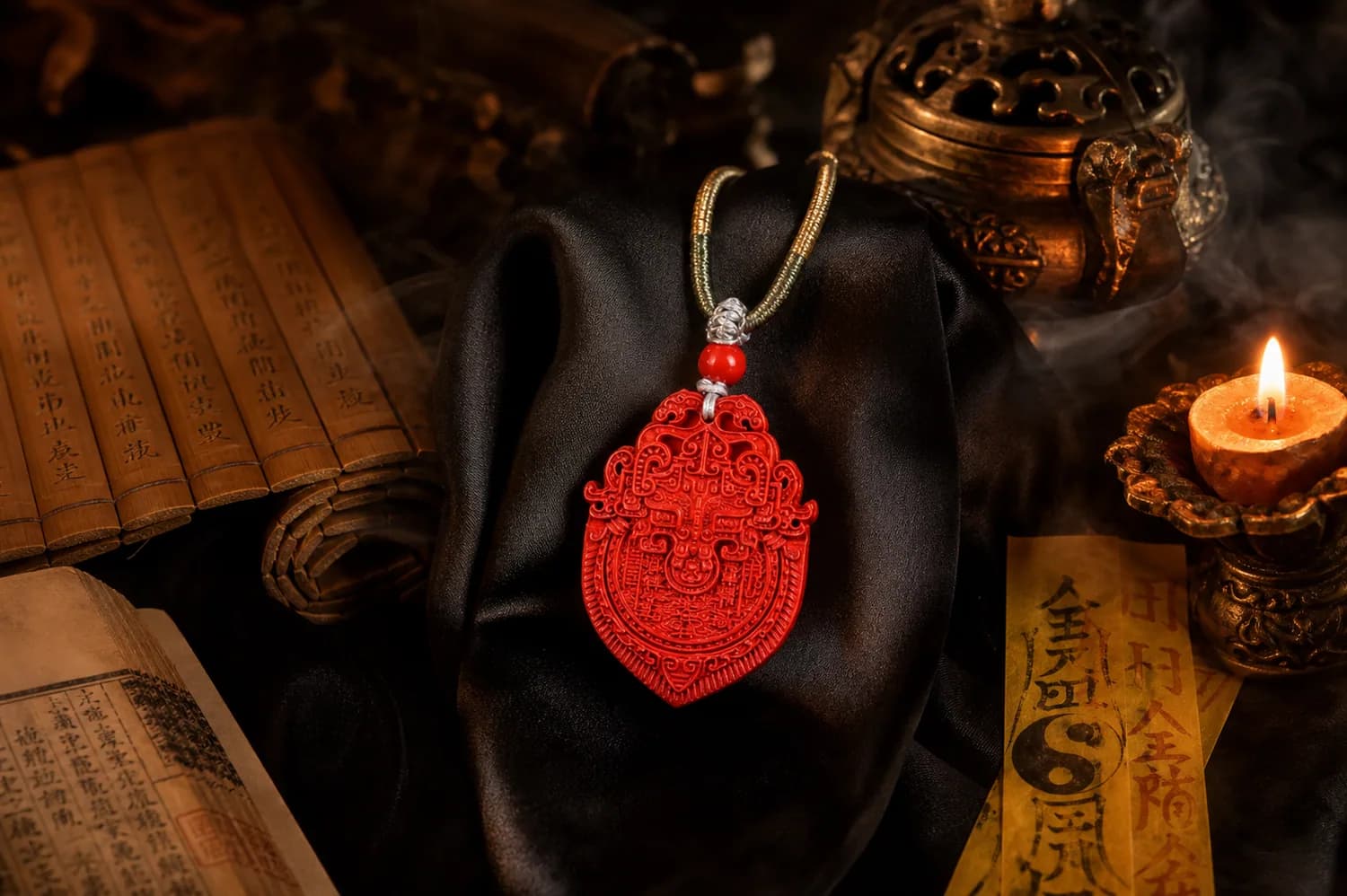 Shan Gui Cinnabar Guardian Pendant with classical book and brass details