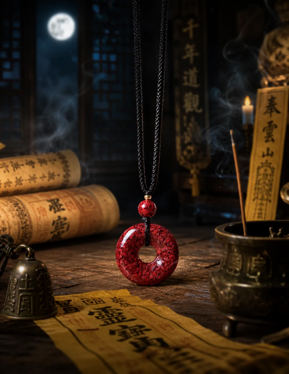 Sparkle Peace Buckle Pendant in a moonlit Taoist scene