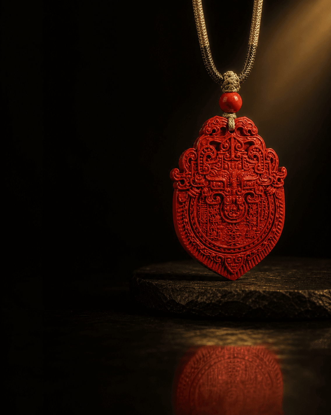 Shan Gui cinnabar guardian pendant displayed on a dark stone plinth