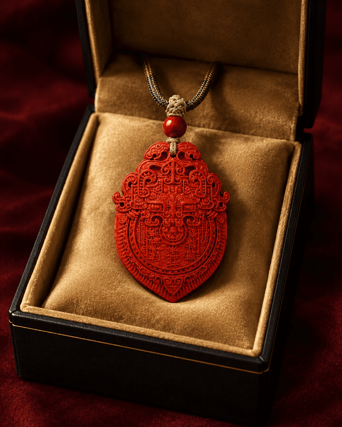 Shan Gui cinnabar guardian pendant presented in a black and gold gift box