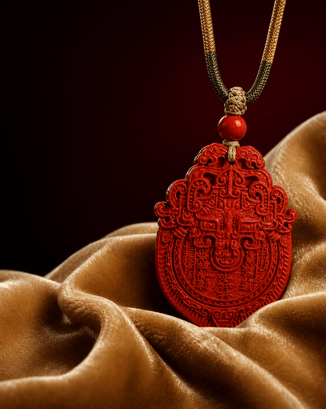 Shan Gui cinnabar guardian pendant resting on gold velvet