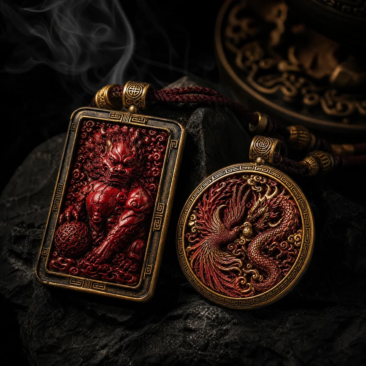 Dragon-phoenix harmony pendant and cinnabar guardian pendant as a dark luxury pair
