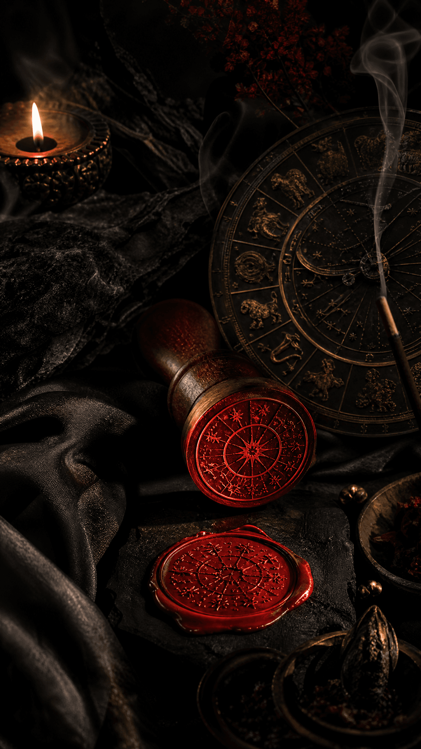 Dark altar with cinnabar seal, gold compass fragment, and incense smoke