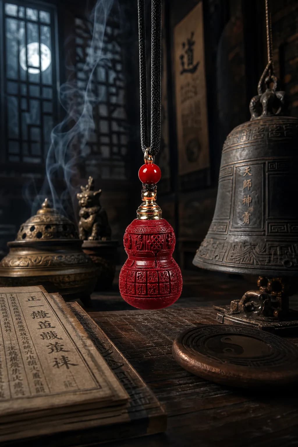 Cinnabar Gourd Renewal Pendant with symbolic paper and brass details