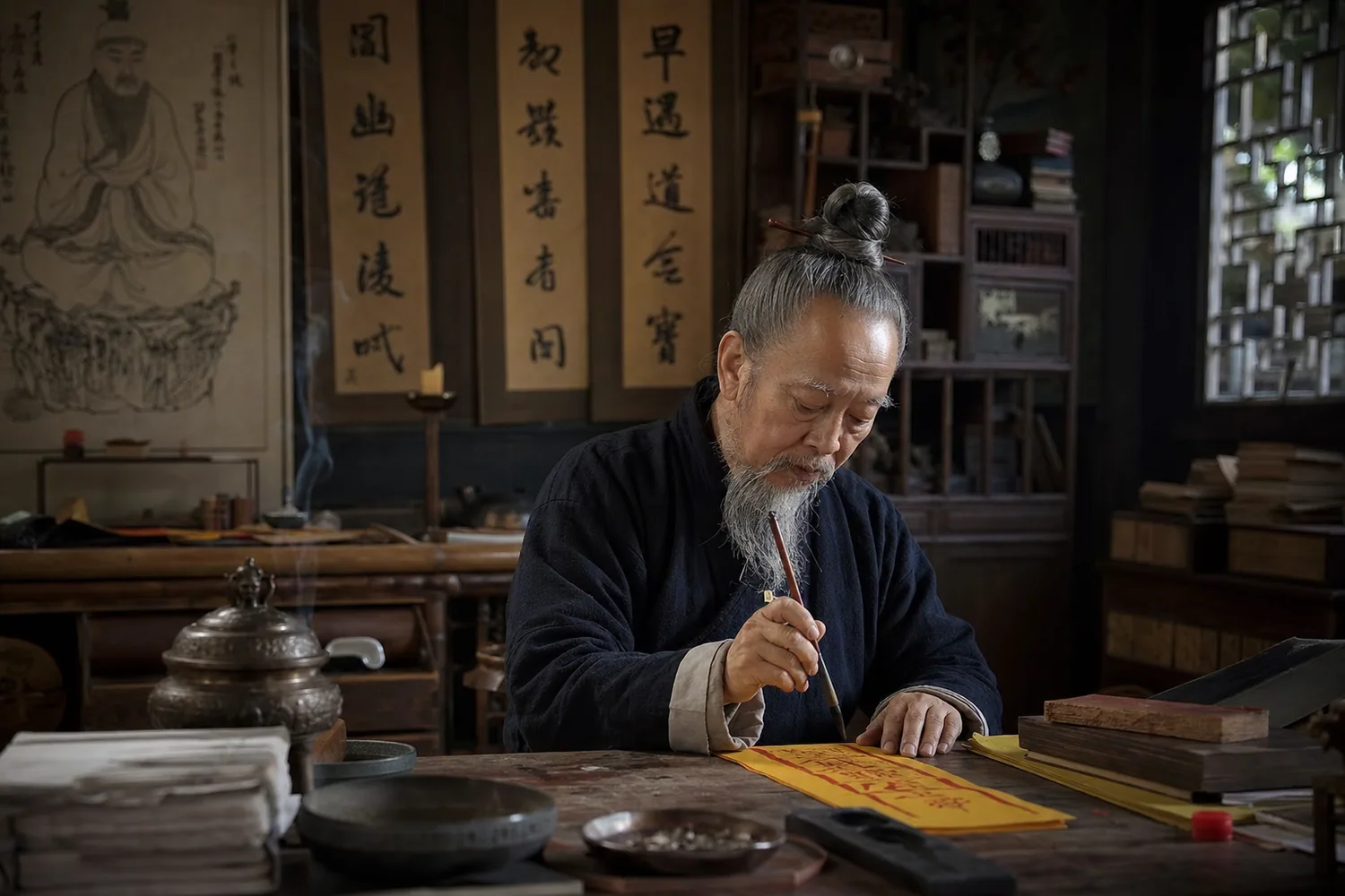 Paper and ink detail used as context for Daoist texts and learning