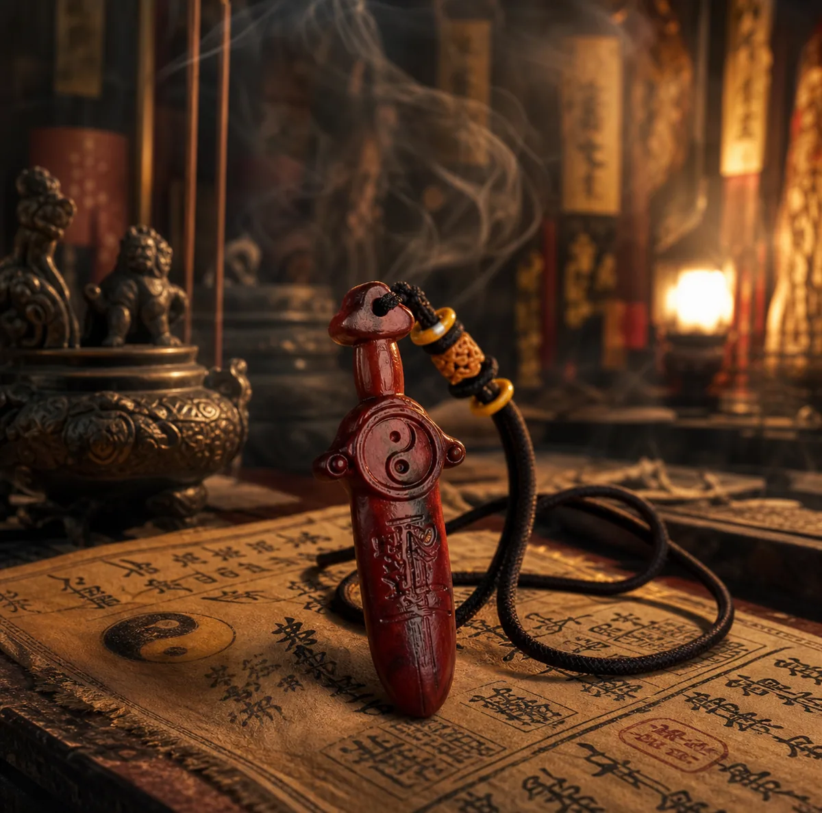 Natural lightning-struck jujube wood Guardian Pendant detail
