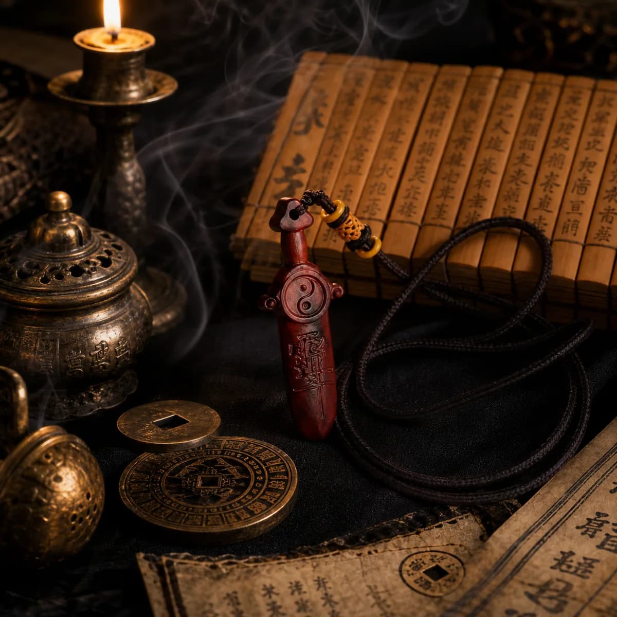 Lightning-Struck Wood Guardian Pendant in a quiet Taoist setting