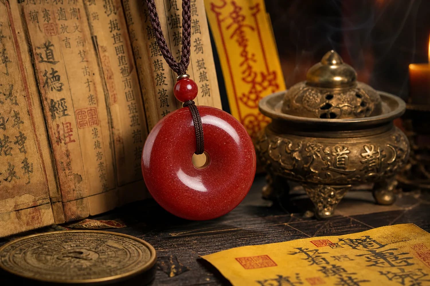 Peace Buckle Blessing Pendant in a Taoist still life