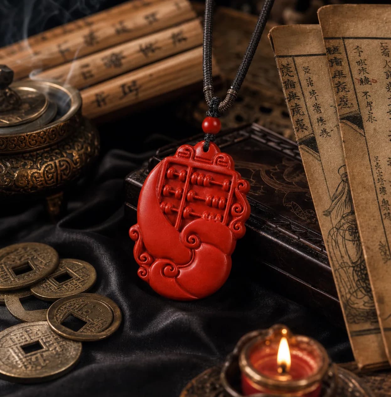 Close still life of the Ruyi Abacus Prosperity Pendant
