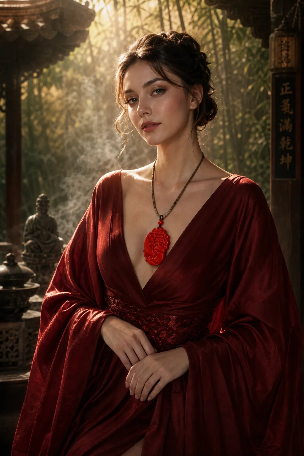 Ruyi Abacus Prosperity Pendant worn in a garden setting