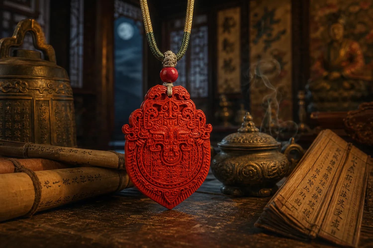 Close still life of the Shan Gui Cinnabar Guardian Pendant