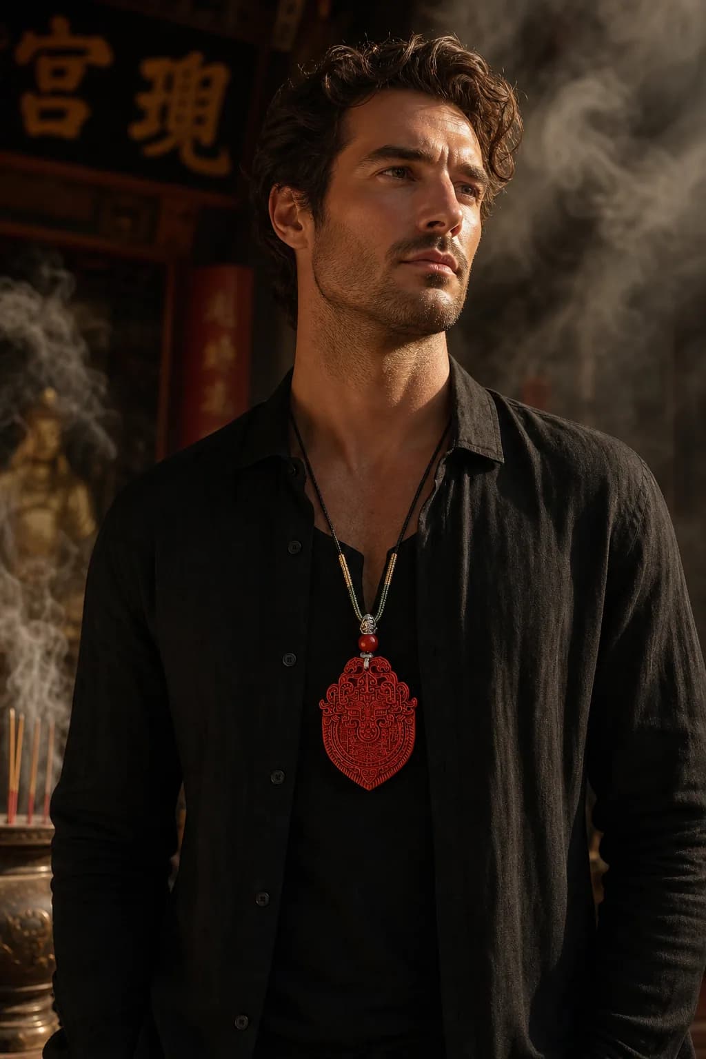 Shan Gui Cinnabar Guardian Pendant worn as a cultural accessory