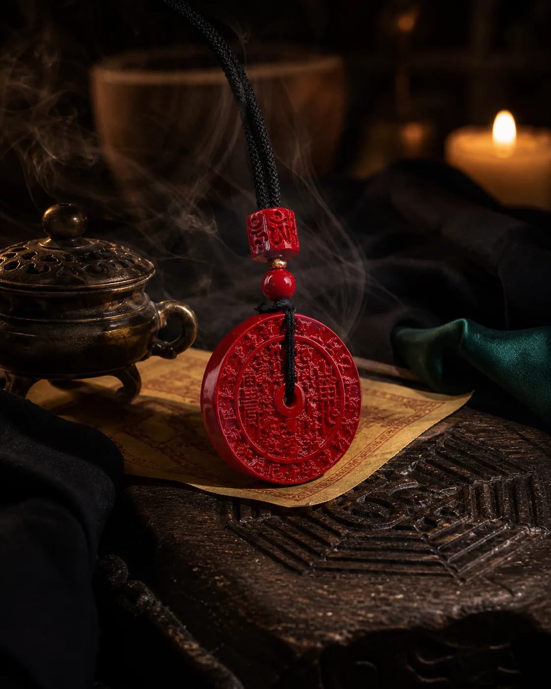 Shan Gui Coin Cinnabar Pendant, view 1