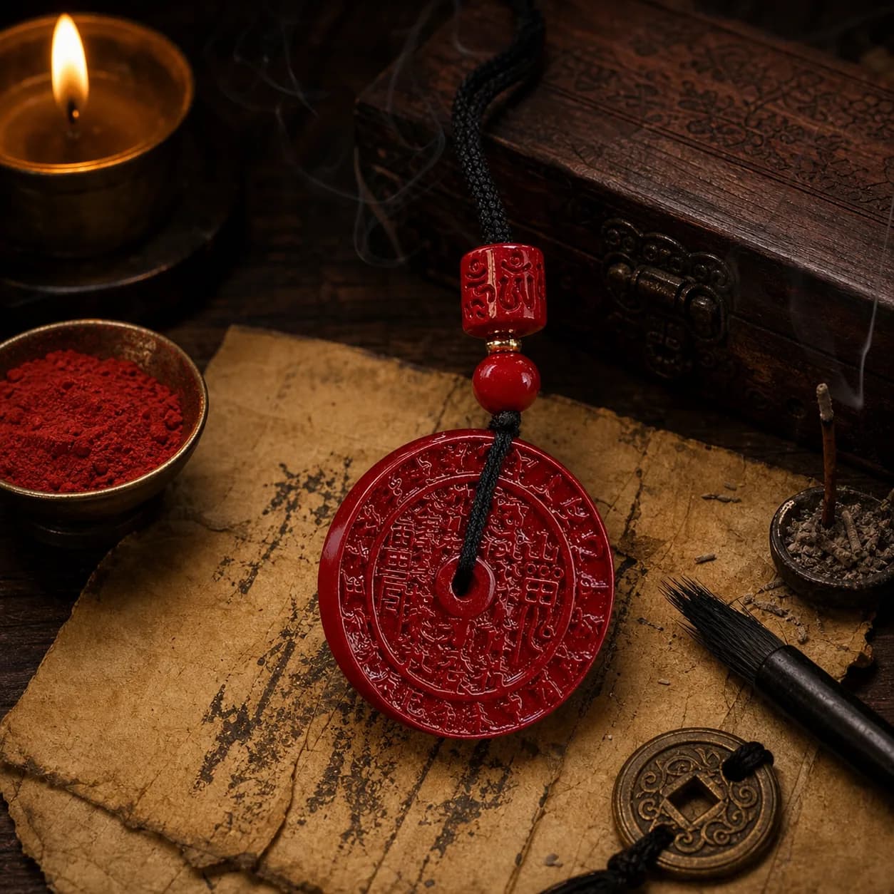 Shan Gui Coin Cinnabar Pendant, view 3