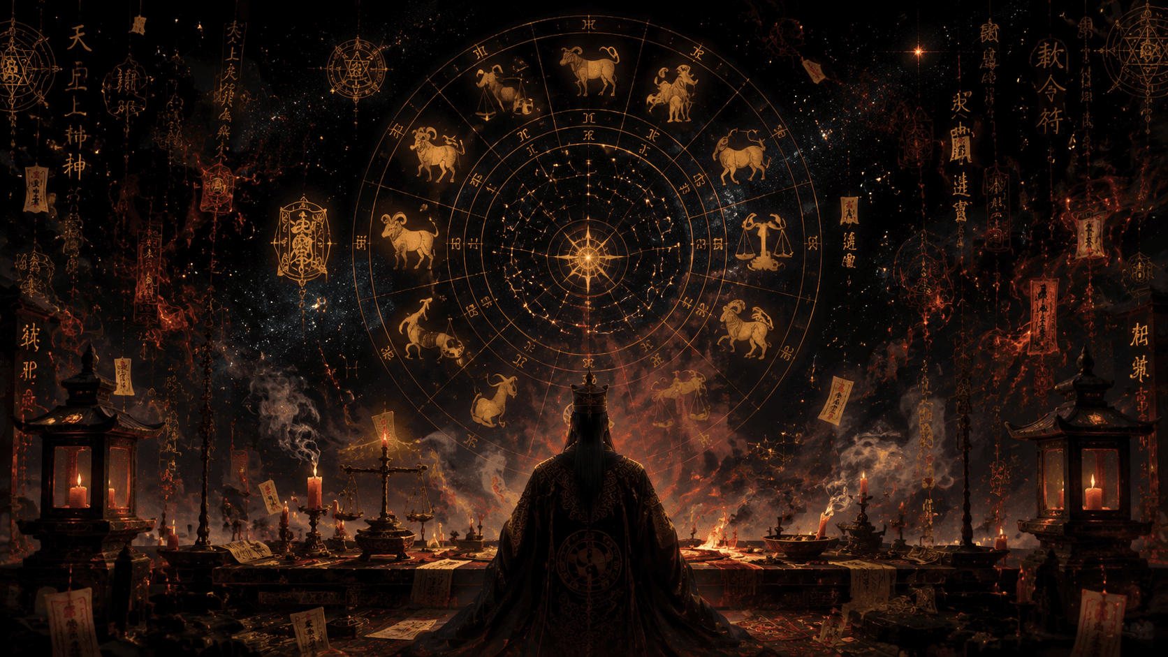 A shadow sealing hall with candles, smoke, talismans, and a glowing zodiac wheel