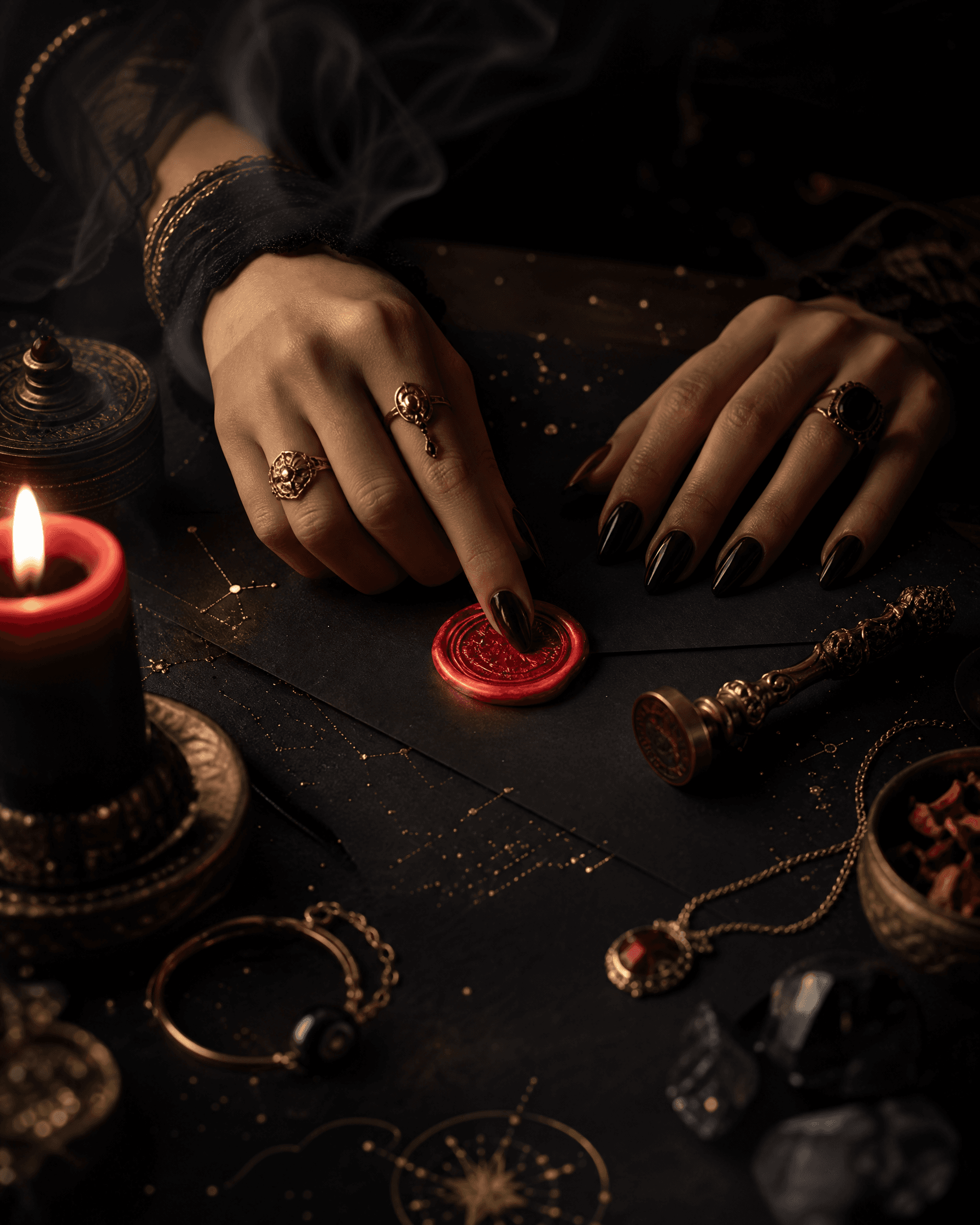 Hands pressing a glowing cinnabar wax seal in dark ritual light
