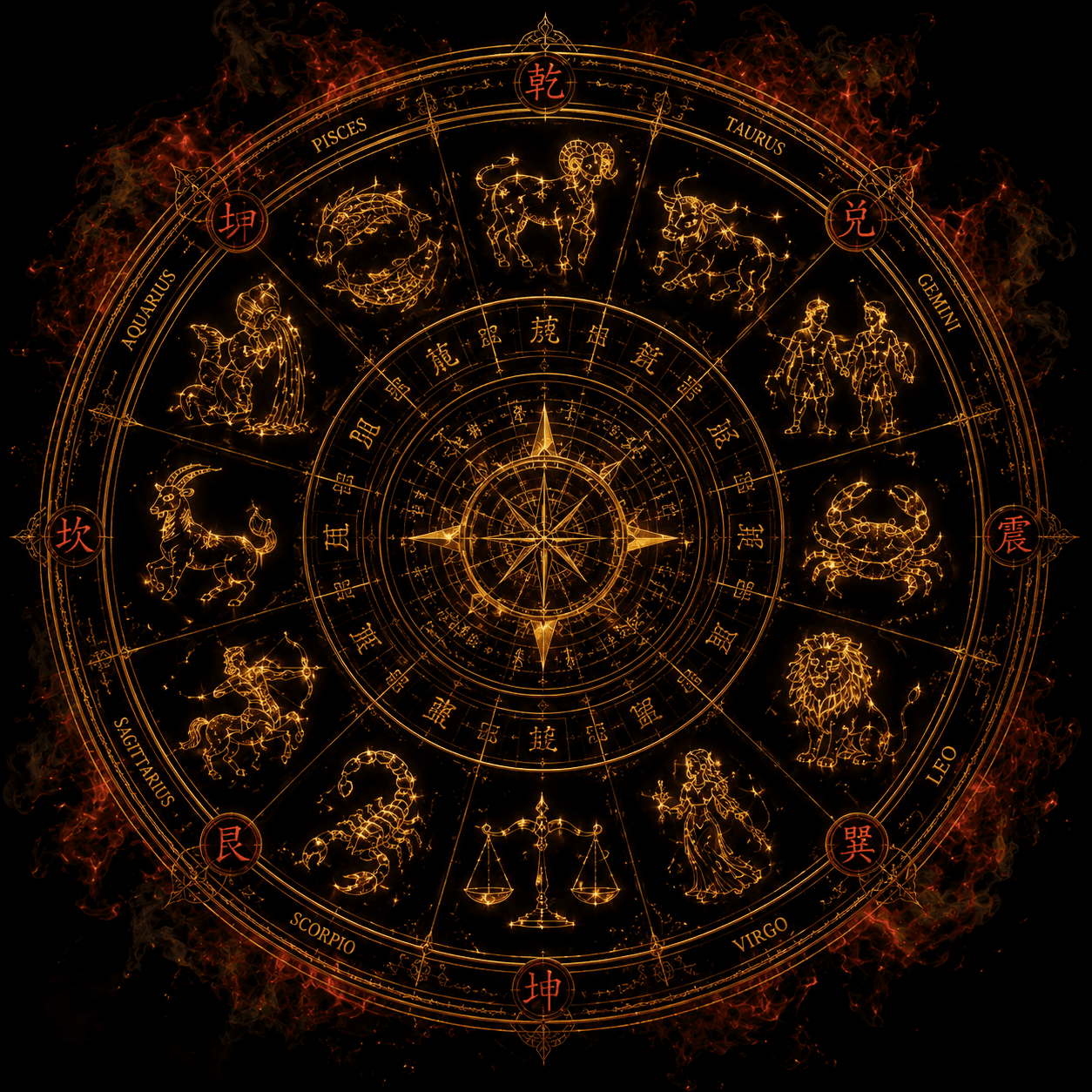 A luminous twelve-sign Eastern zodiac ritual compass surrounded by red smoke and gold sealing lines