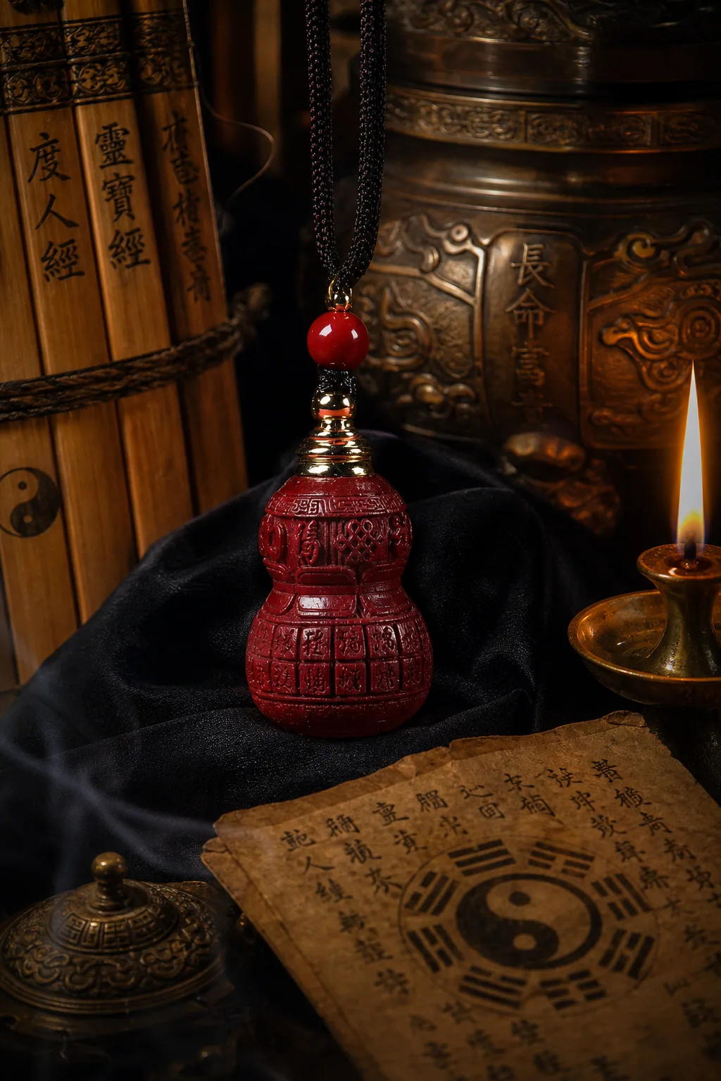 Cinnabar Gourd Renewal Pendant in a warm Taoist setting