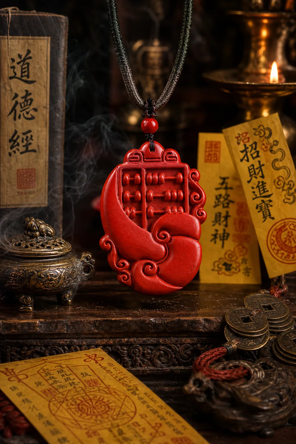 Ruyi Abacus Prosperity Pendant with symbolic desk objects