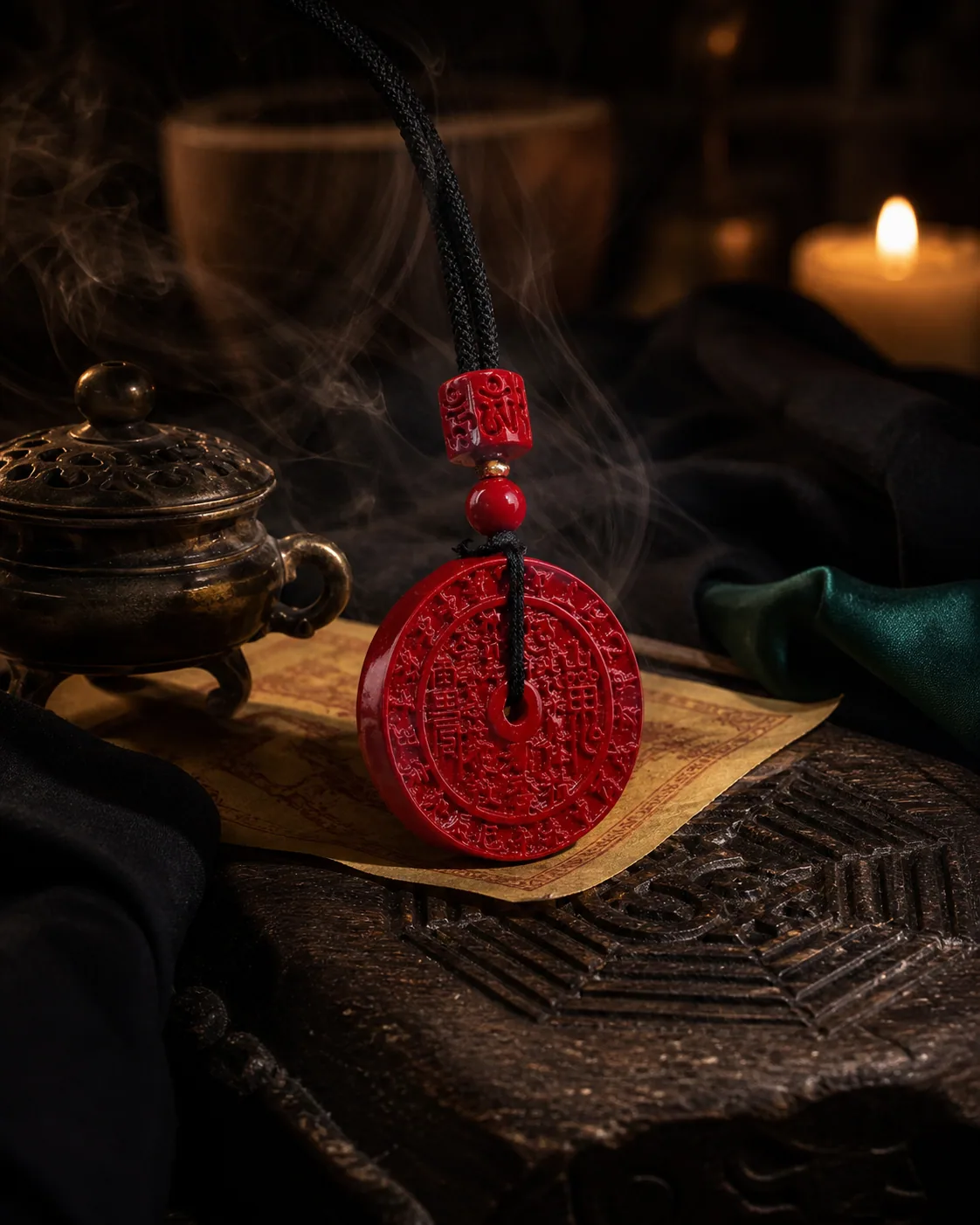 Shan Gui Coin Cinnabar Pendant, view 1